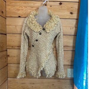 Champagne Gold Sweater Siz Large Metallic Shaggy Fringe Asymmetrical Button Knit